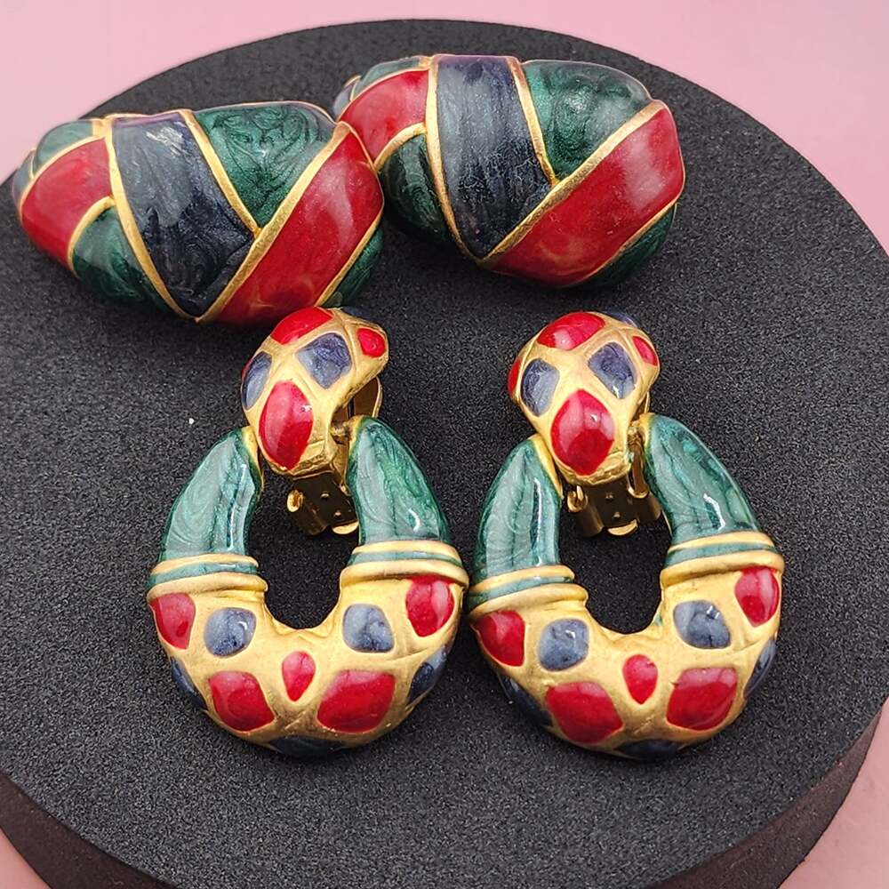 Vintage 80s 2 Pair Clip On Earrings Color Block Enamel Gold Tone Statement